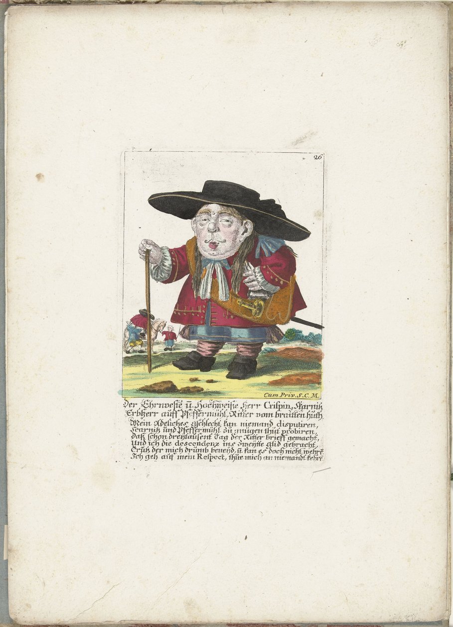 De dwerg クリスピン・スカルニッツ、1710年頃 Ehrnveste と Hochweiße Herr Crispin、スカルニッツ世襲領主 auff Pfeffermühl、braitten huth の騎士 (オブジェクトの称号) Il Callotto resurcitato または Newly Furnished Small Cabinet (シリーズ タイトル) 作： マルティン・エンゲルブレヒト（帰属）