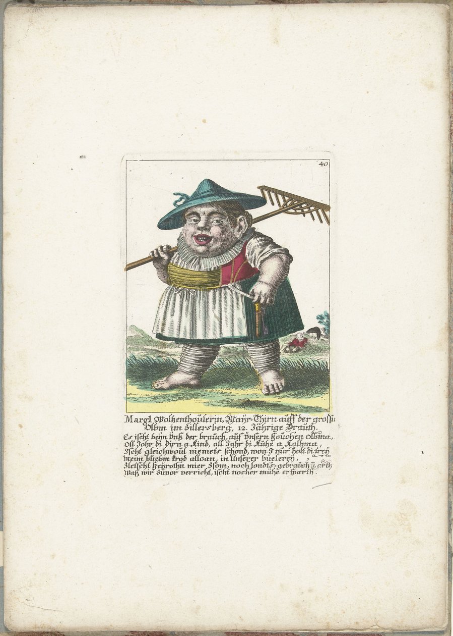 ドワーフ Margl Woltzenthoulerin、約。 1710年 Margl Woltzenthoulerin, Mayr-Thirn auff der Grosn Olbm im Zillersberg, 12. Jährige Brauth (オブジェクトのタイトル) Il Callotto resurcitato または新しく任命された Zwerchen 内閣 (シリーズ タイトル) 作： マルティン・エンゲルブレヒト（帰属）