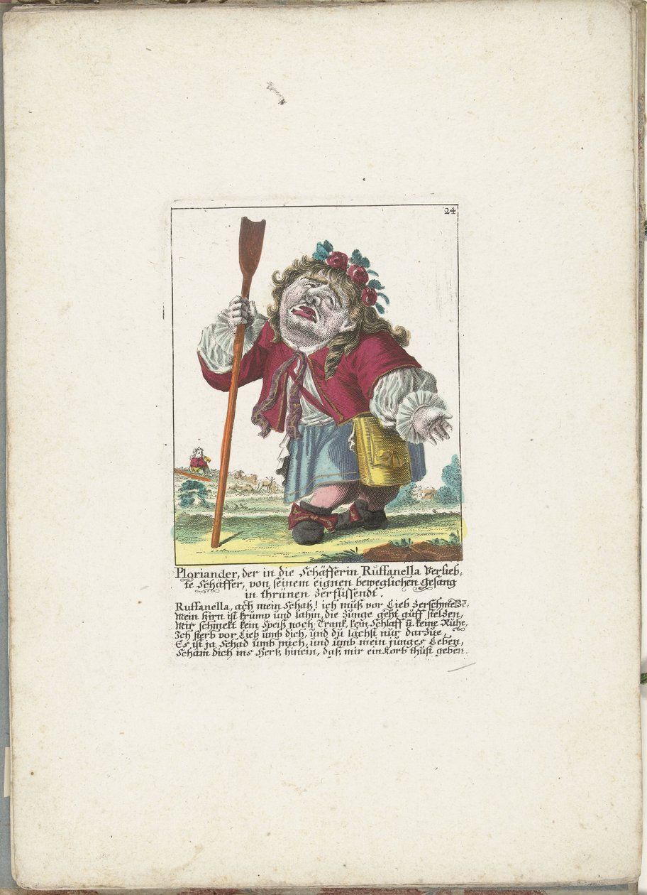 De dwerg Ploriander as herder, ca. 1710 羊飼いの女ルファネッラに恋をした羊飼いのプロリアンドロスは、自分の感動的な歌で涙を流しました（オブジェクトのタイトル） Il Callotto resurcitato または新しく家具付きの小さなキャビネット (シリーズ 作： マルティン・エンゲルブレヒト（帰属）