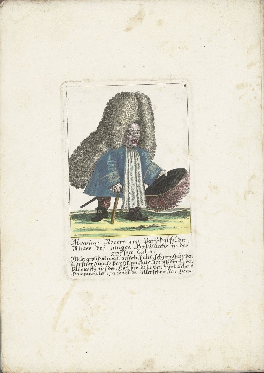 De dwerg Robert von Parukenfeldt、1710年頃 ムッシュ ロベルト フォン パルケンフェルト、グレート ガラのロング ネック クロスの騎士 (オブジェクトのタイトル) Il Callotto resurcitato または Newly Furnished Small Cabinet (シリーズ タイトル) 作： マルティン・エンゲルブレヒト（帰属）