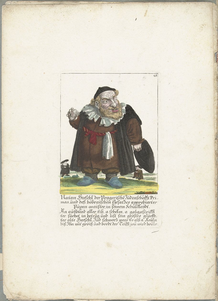 De joodse dwerg Natan Hirschl、1710年頃 ナタン・ヒルシュル、プラハユダヤ教の霊長類、そしてフーブライ法を承認したピューペンマイスター、彼の学校の服で（オブジェクトのタイトル） Il Callotto resurcitato または 新しく家具付きの Zwerchen キャビネット (se 作： マルティン・エンゲルブレヒト（帰属）