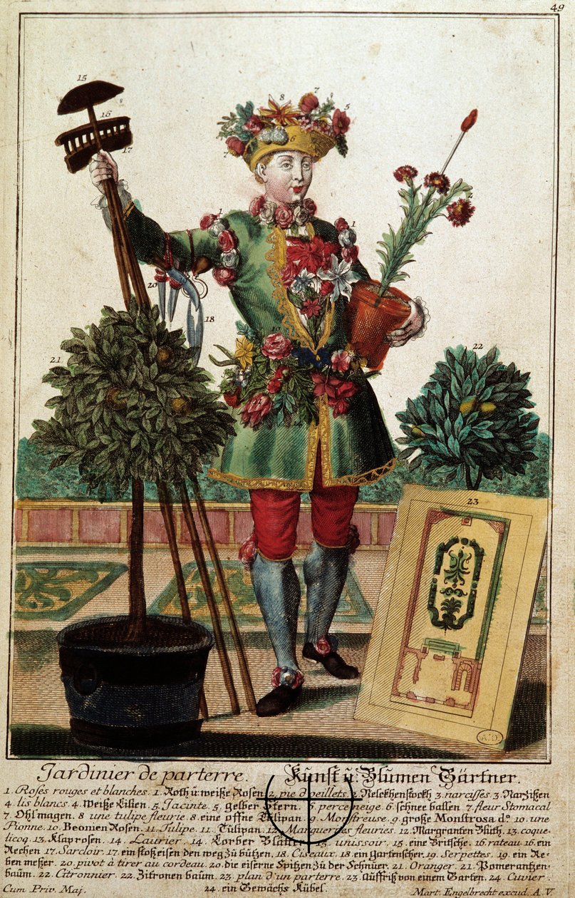 庭師です。マーティン・エンゲルブレヒト(1684-1756)のエングレーヴィング、18世紀、ドイツの「manouvries habillesの新しい集合体」による。パリ、装飾美術 作： マーティン・エンゲルブレヒト