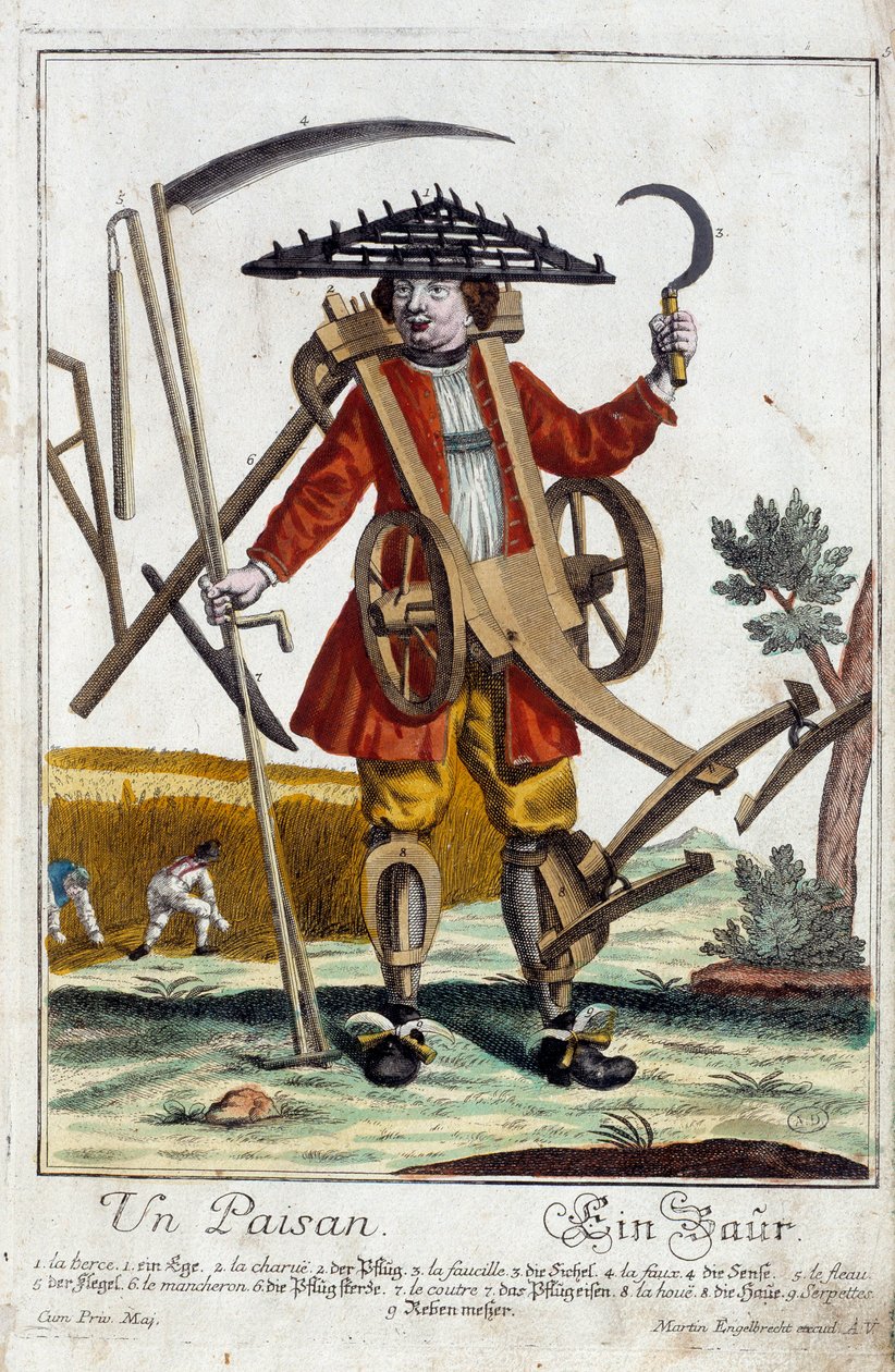 農民です。マーティン・エンゲルブレヒト(1684-1756)のエングレーヴィング、18世紀、ドイツの「マヌーヴリー・ハビーユの新しい集合体」による。パリ、装飾美術 作： マーティン・エンゲルブレヒト