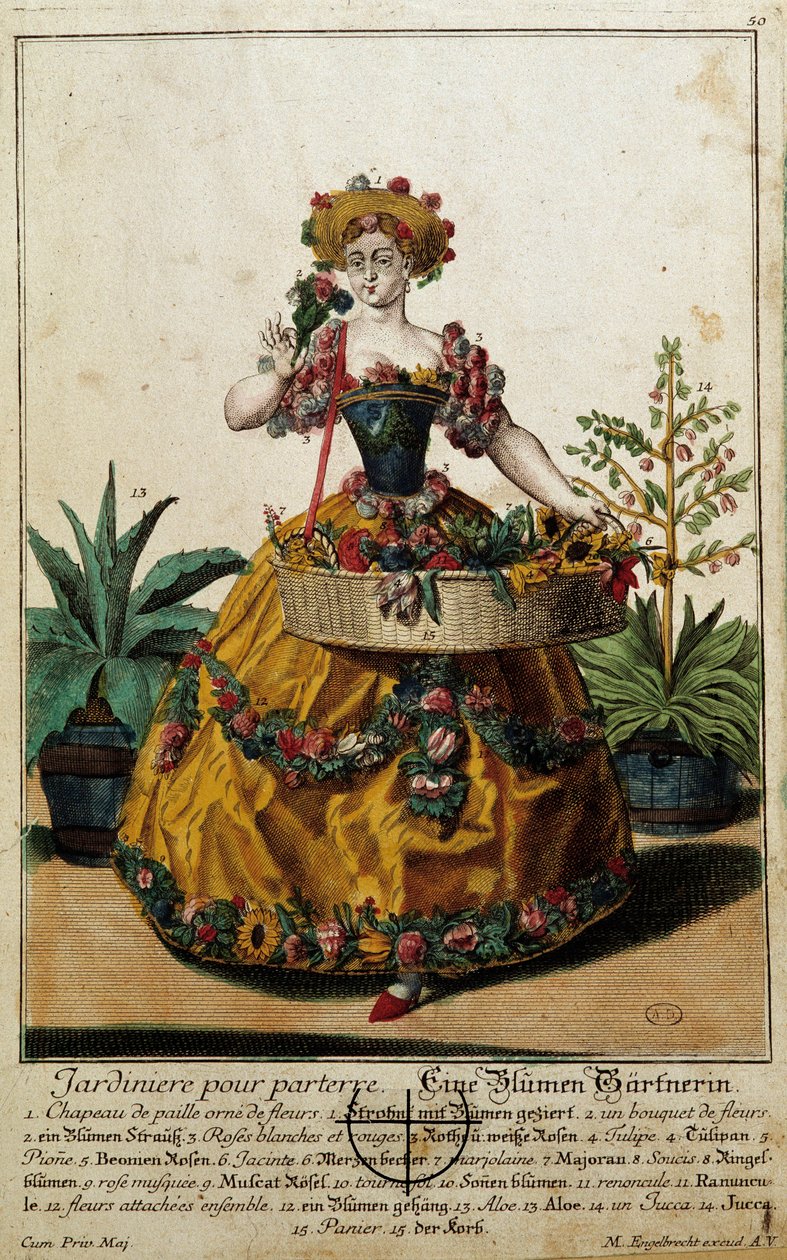 旧メチエ。床のための庭。マーティン・エンゲルブレヒト（1684-1756）のエングレーヴィング、18世紀、ドイツ。パリ、装飾美術 作： マーティン・エンゲルブレヒト