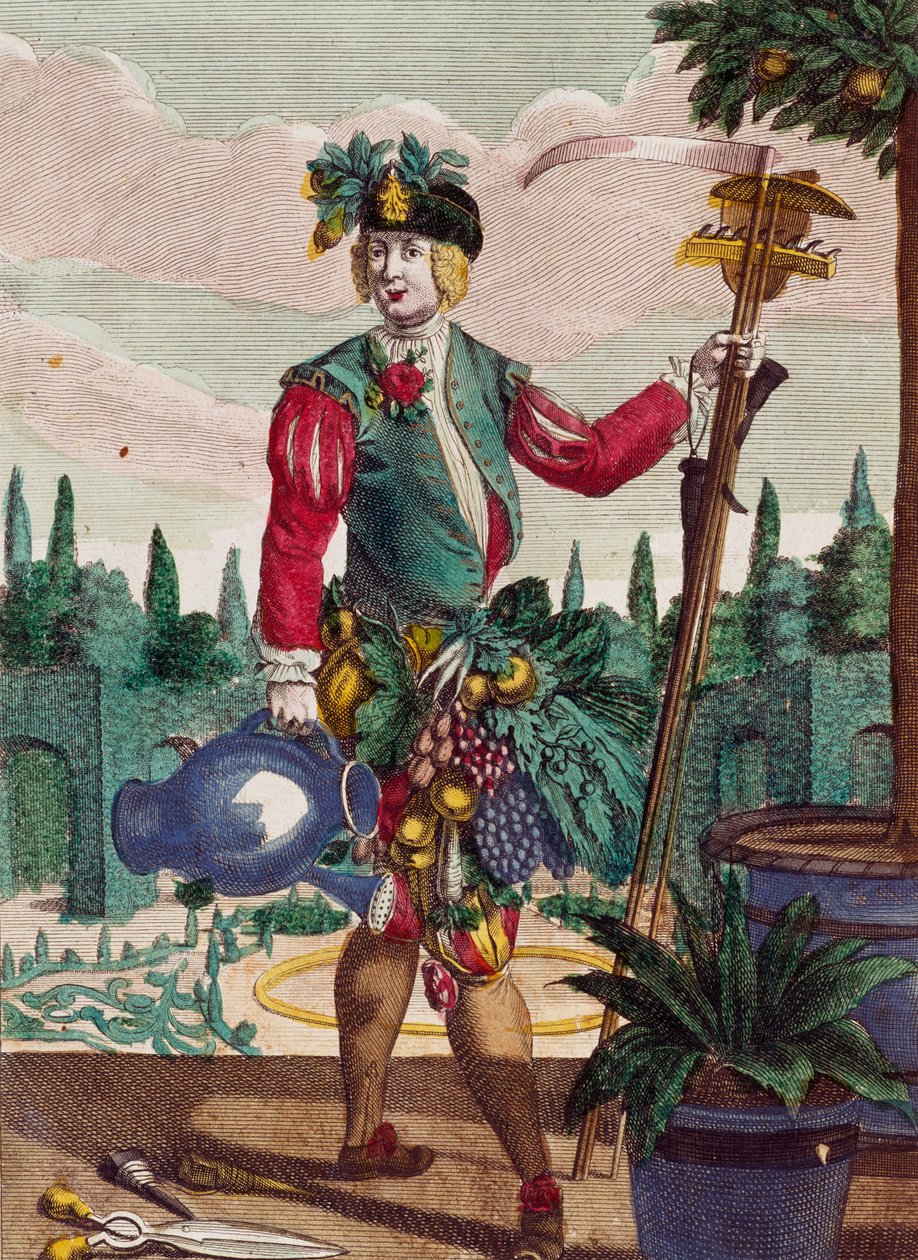 マルティン・エンゲルブレヒト（1684-1756）の「Assemblage des nouveau manouvries habilles」からの版画「庭師」（ドイツ 作： マーティン・エンゲルブレヒト