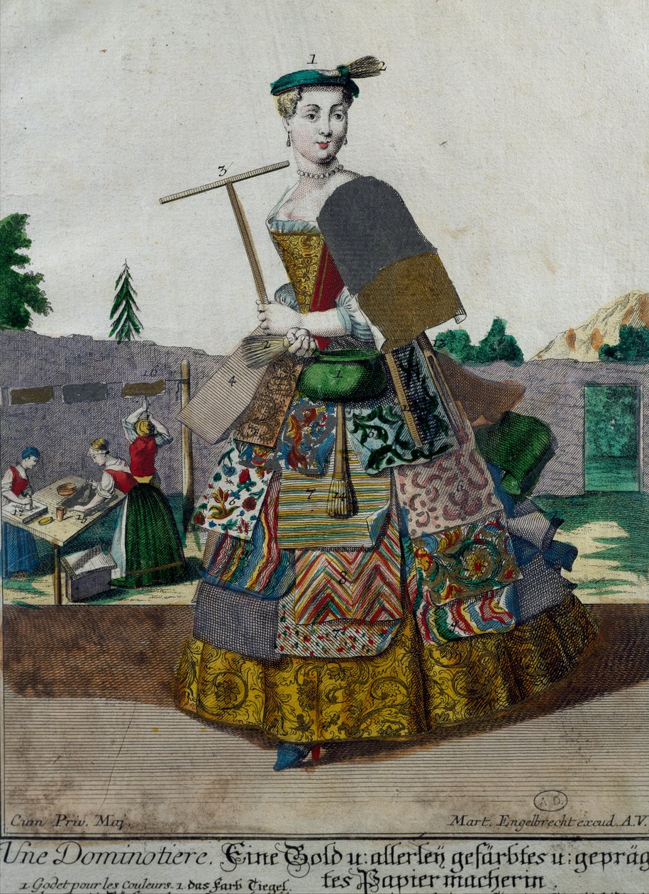 色紙の製造者、「Assemblage des nouveau manouvries habilles Martin Engelbrecht（1684-1756）」の刻印、ドイツ 作： マーティン・エンゲルブレヒト