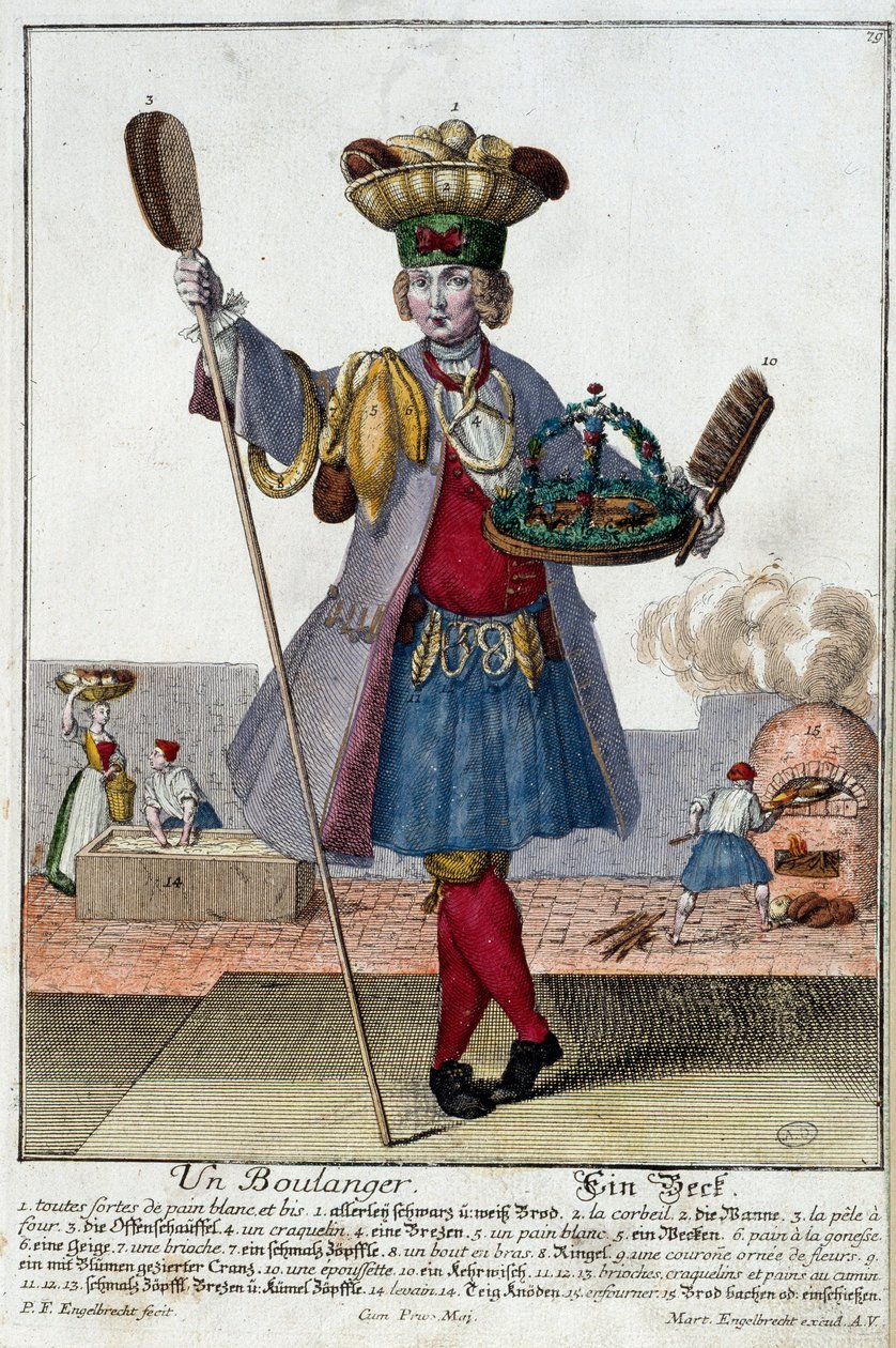 メティエ。パン屋さん。マルティン・エンゲルブレヒト（1684-1756）のエングレーヴィング、18世紀、ドイツの「マヌーヴリー・ハビーユの新しい集合体」。パリ、装飾美術 作： マーティン・エンゲルブレヒト