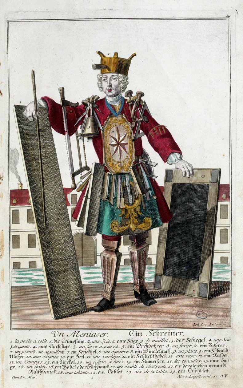 メチエ。大工さん。マルティン・エンゲルブレヒト（1684-1756）のエングレーヴィング（18世紀、ドイツ）。パリ、装飾美術 作： マーティン・エンゲルブレヒト