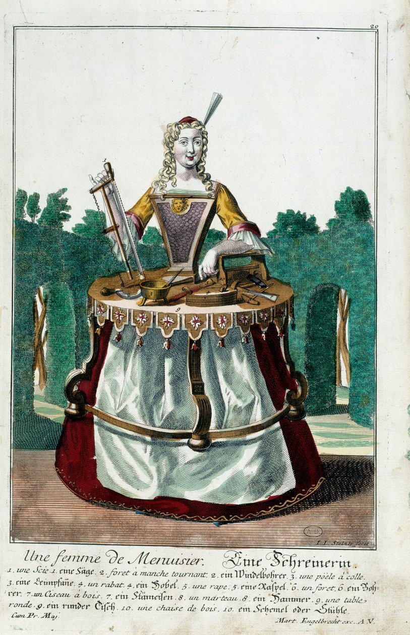メチエ。大工の妻。マルティン・エンゲルブレヒト（1684-1756）によるエングレーヴィング。「マヌーヴリー・ハビーユの新しい集合体」18世紀、ドイツ。パリ、装飾美術 作： マーティン・エンゲルブレヒト