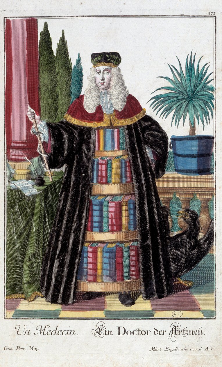 メチエ。医者。マーティン・エンゲルブレヒト（1684-1756）のエングレーヴィング、18世紀、ドイツ。パリ、装飾美術 作： マーティン・エンゲルブレヒト