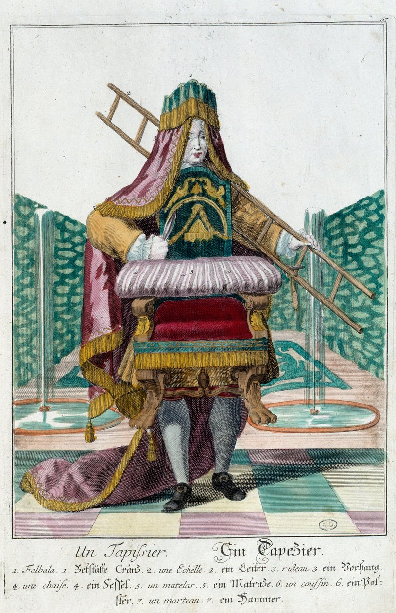 メチエ。張りぼてのこと。マーティン・エンゲルブレヒト(1684-1756)のエングレーヴィング、18世紀、ドイツの「マヌーヴリー・ハビーユの新しい組み立て」による。パリ、装飾美術 作： マーティン・エンゲルブレヒト