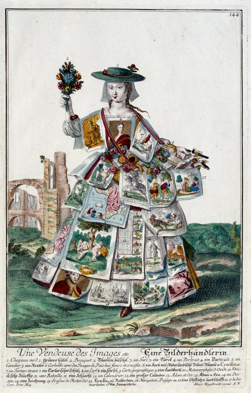 メチエ。イメージセールスウーマン。マーティン・エンゲルブレヒト（1684-1756）のエングレーヴィング、18世紀、ドイツ。パリ、装飾美術 作： マーティン・エンゲルブレヒト