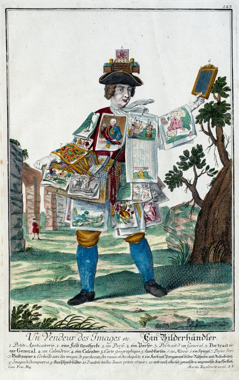 メチエ。イメージを売る人。マーティン・エンゲルブレヒト(1684-1756)のエングレーヴィング、18世紀、ドイツの「マヌーヴリー・ハビーユの新しい集合体」。パリ、装飾美術 作： マーティン・エンゲルブレヒト