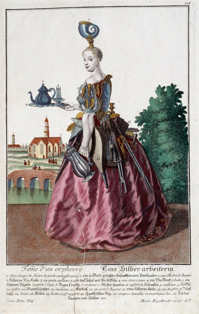 メチエ。金魚の女マーティン・エンゲルブレヒト（1684-1756）のエングレーヴィング（18世紀、ドイツ）。パリ、装飾美術 作： マーティン・エンゲルブレヒト
