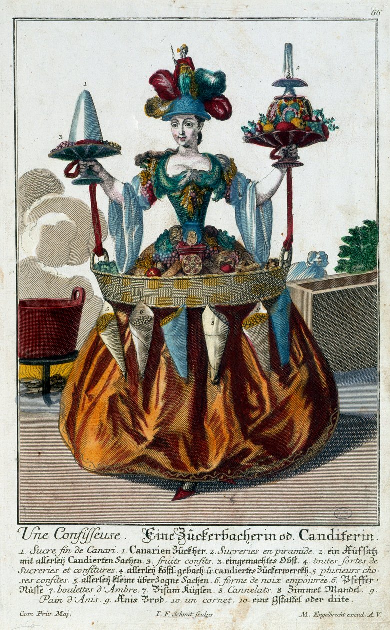 菓子職人：飴や菓子の入ったトレイを持った若い女性。マルティン・エンゲルブレヒト（1684-1756）によるエングレーヴィング 18世紀パリ、装飾美術 作： マーティン・エンゲルブレヒト