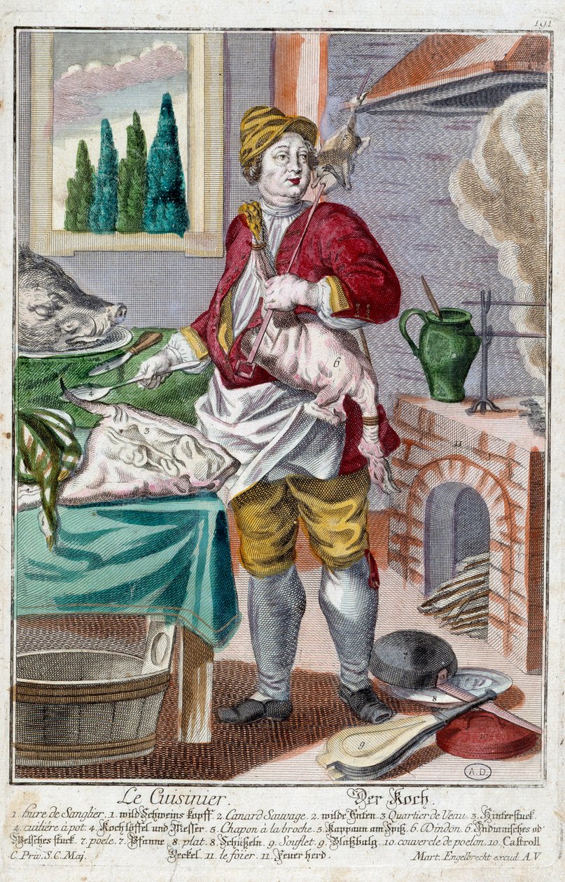 料理人。マーティン・エンゲルブレヒト(1684-1756)のエングレーヴィング、18世紀ドイツの「マヌーヴリー・ハビーユの新しい集合体」による。パリ、装飾美術 作： マーティン・エンゲルブレヒト