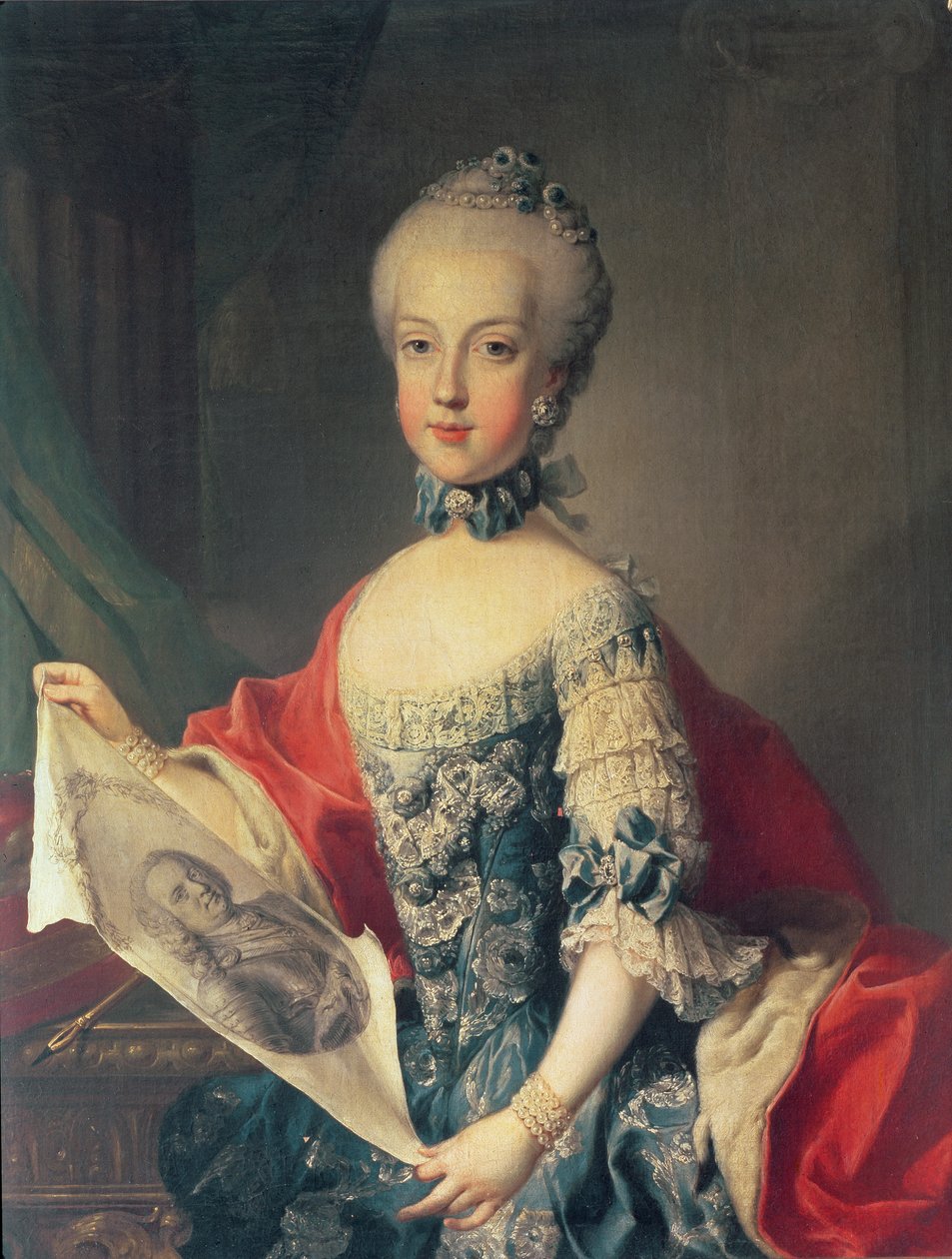 マリアカロライナ大公（1752-1814）、オーストリアのマリアテレジア（1717-80）の13番目の子、フェルディナンド1世の妻（1751-1825）二人のシチリアの王、父親の皇帝フランの肖像画を保持 作： Martin II MytensまたはMeytens