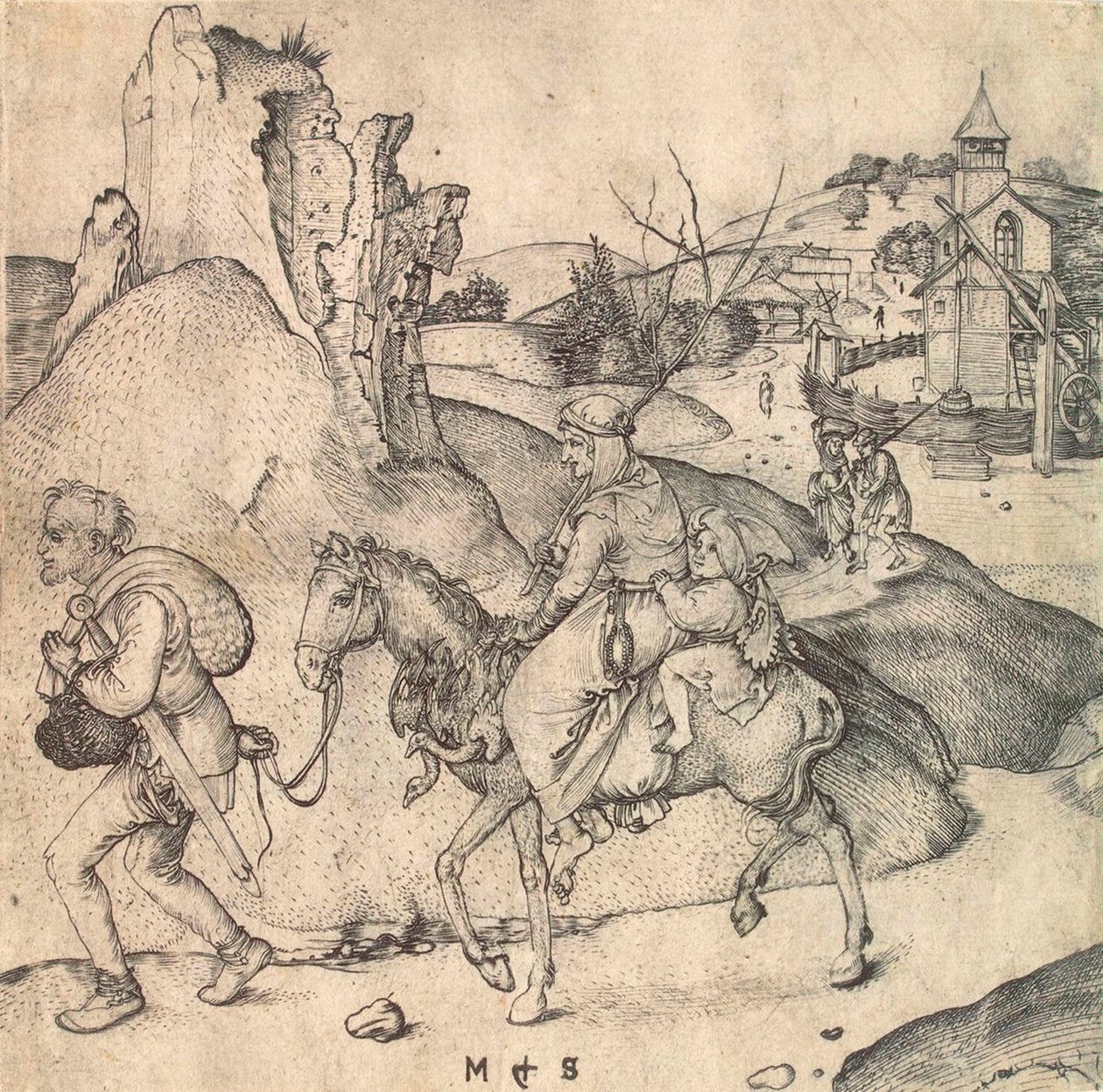 1473年から1475年の間、市場に行く農民の家族。 作： マーティン・ショーンガウアー