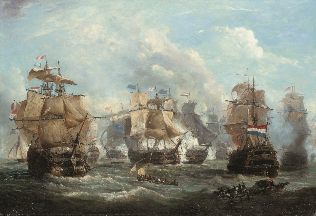 キャンパーダウンの戦いでオランダの旗艦 Vrijheid と交戦するイギリスの旗艦 Venerable 作： マーティン・シューマン