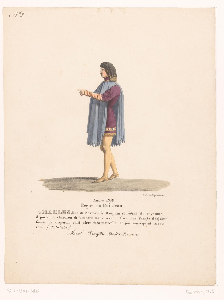 Kostuum van de dauphin Karel van Valois uit de tragedie Marcel シャルル、ノルマンディー公 (オブジェクトの称号) 劇場衣装（シリーズタイトル） フレンチ シアター: MM による衣装のコレクション。 J. Alaux と L. Duponchel が Bibliot の写本図面から 作： マーティンシルベストルバティスト