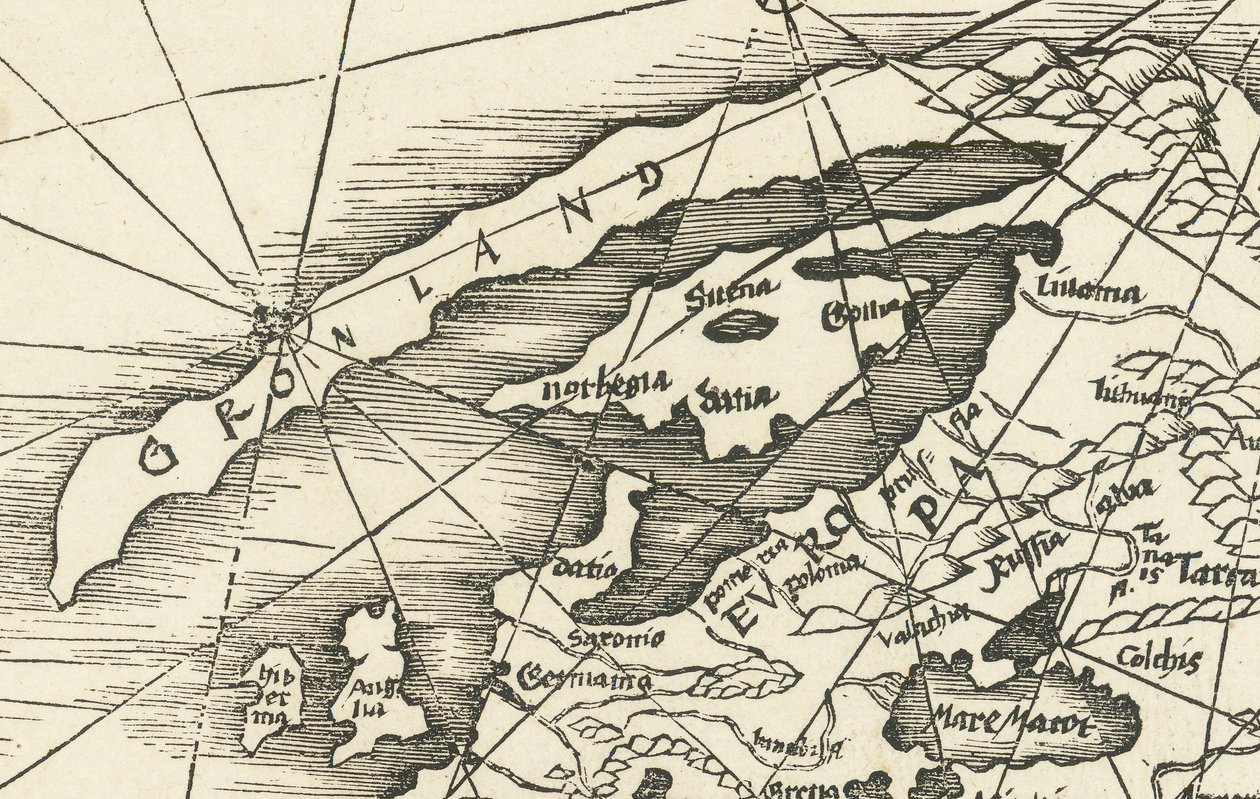 1513年、グリーンランドとスカンジナビアを結ぶ北海の地図 作： マーティン・ヴァルトゼーミュラー