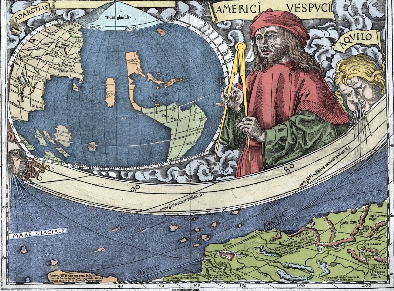 VESPUCCI, Amerigo (1454-1512)。イタリアの探検家、「ワルトゼミュラー地図またはUniversalis Cosmographia - (万国宇宙図) - Waldseemuller Planisphere」での地図製作 - 1507年 - 。 作： マーティン・ヴァルトゼーミュラー