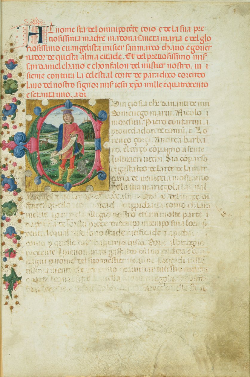 風景の中の預言者ダニエルを描いた歴史的イニシャルC、1471年 作： マルティーノディジョルジオダモデナ