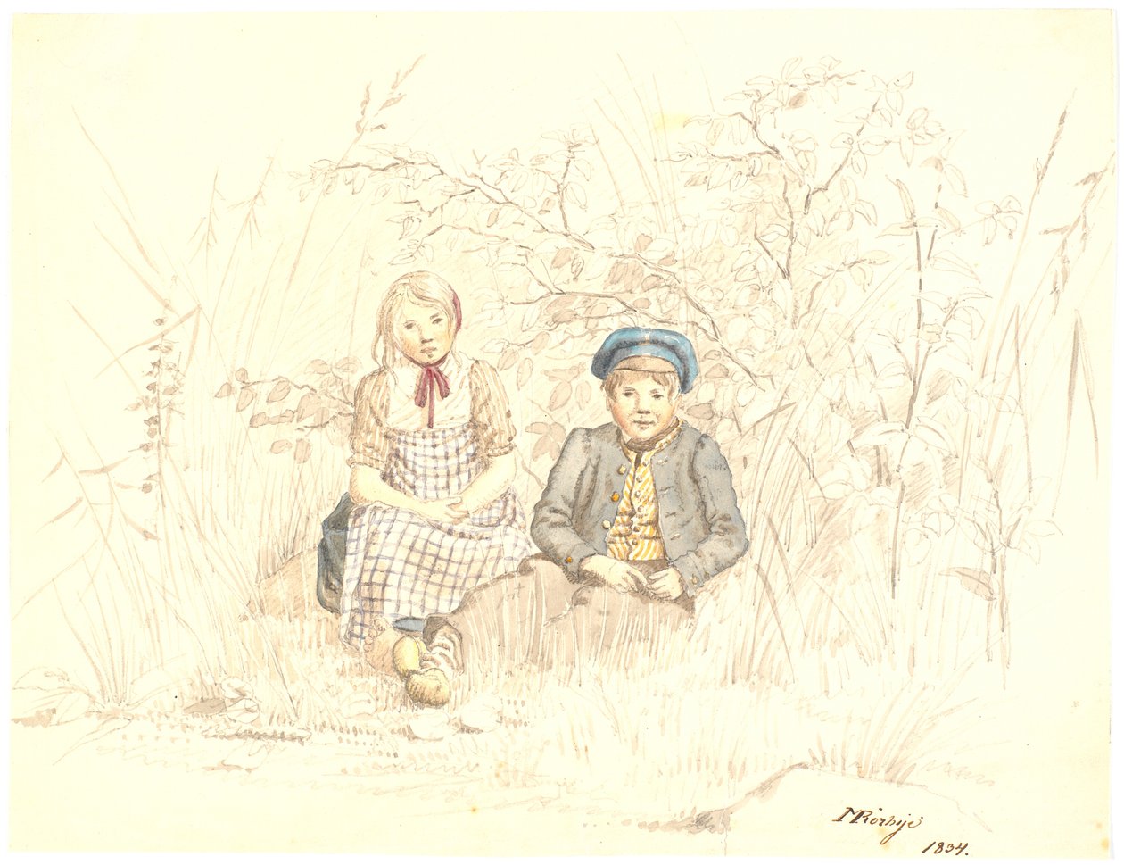 緑の中に座る少年と少女 作： マルティヌス・ロビエ