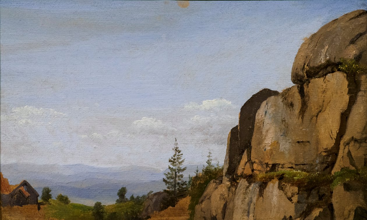 岩を前景にしたノルウェーの風景 作： マーティヌス・ロビエ