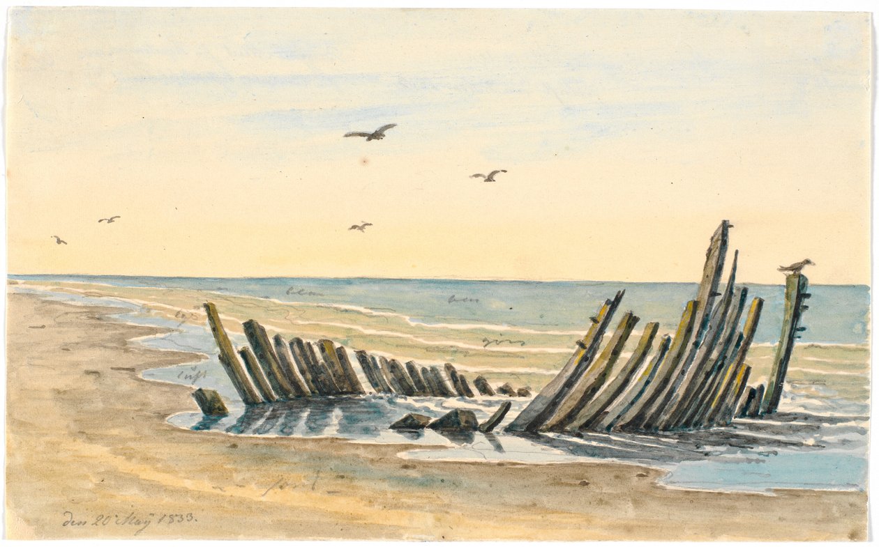 1832 年 5 月 9 日に沈没した Nordstranden のビーチでの難破船 作： マルティヌス・ロビエ