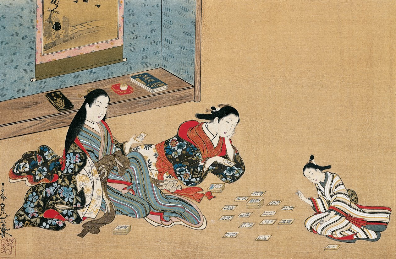 女性のトランプ、丸山応挙（1733-1765）作、浮世絵風シルク画、日本 作： 丸山応挙