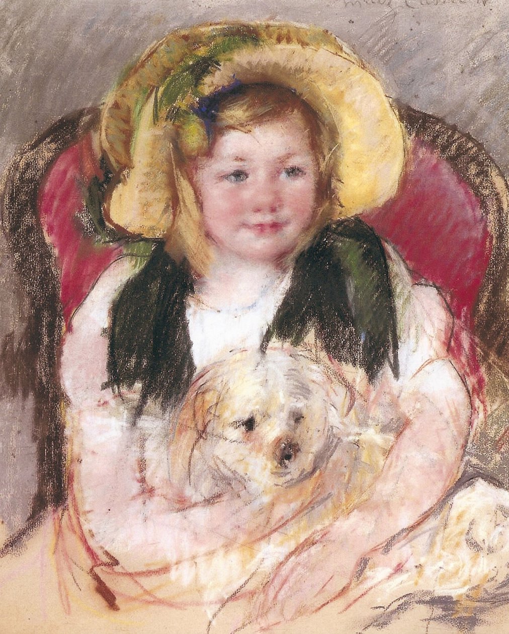 アームチェアに犬を連れたサラ、1901 作： メアリー・カサット