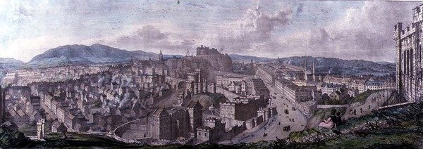 カルトンの丘の頂上からネルソンの記念碑のそばを西に向かって見た図、William Westall（1781-1850）が彫刻し、Charles Joseph Hullmandel（1789-1850）が印刷した1828年のカラーエングレーヴィング。 作： メアリー（後）スチュアート