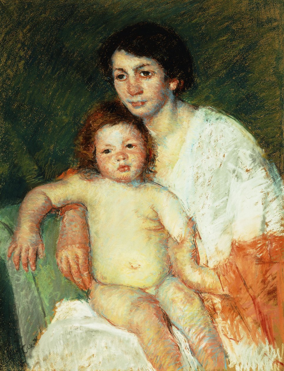 1913年、椅子の後ろで右腕を休んでいる母親の裸の赤ちゃん 作： メアリー・カサット