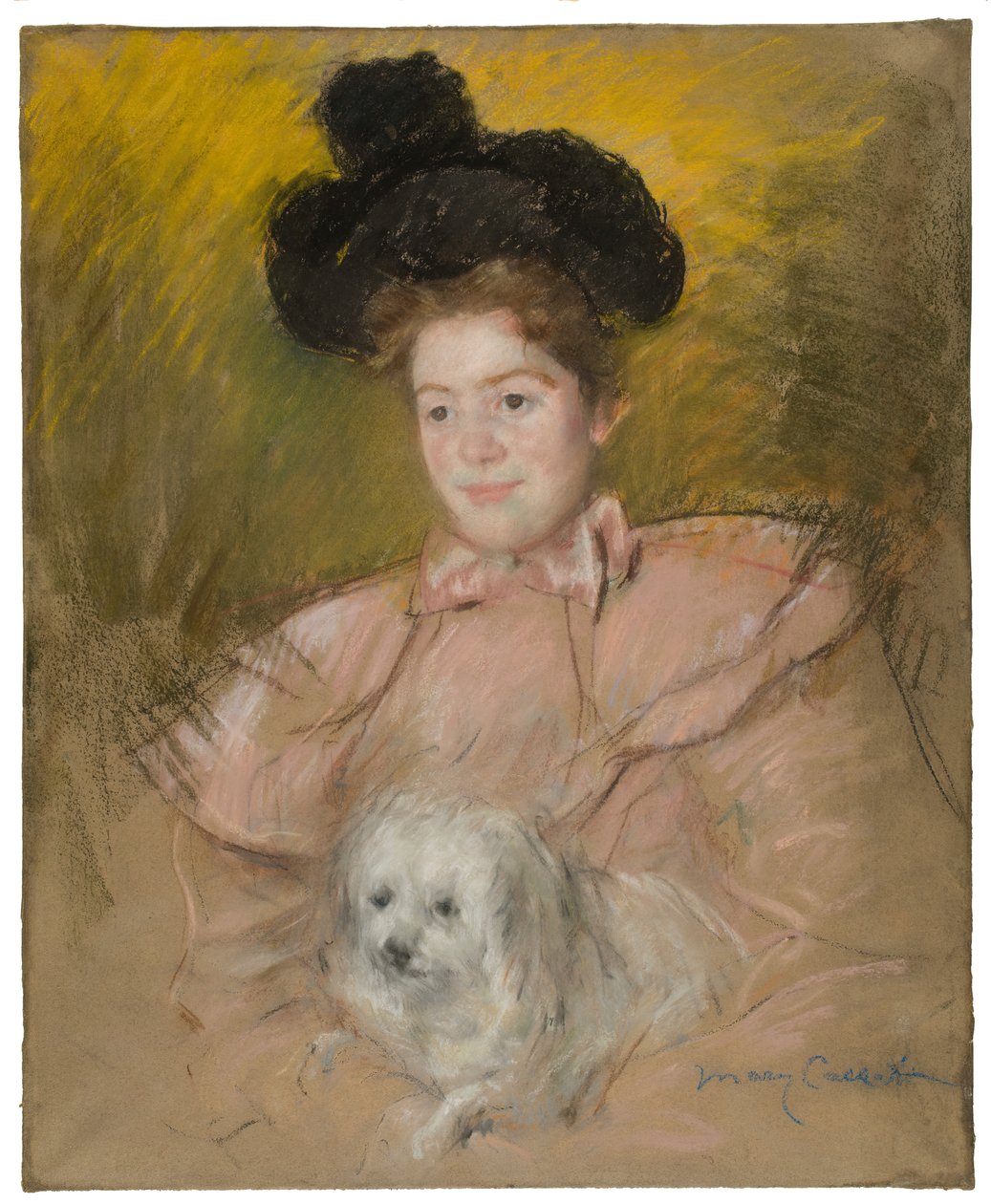 ラズベリーの衣装を着た女性が犬を抱いている姿 1901年頃 作： メアリー・カサット