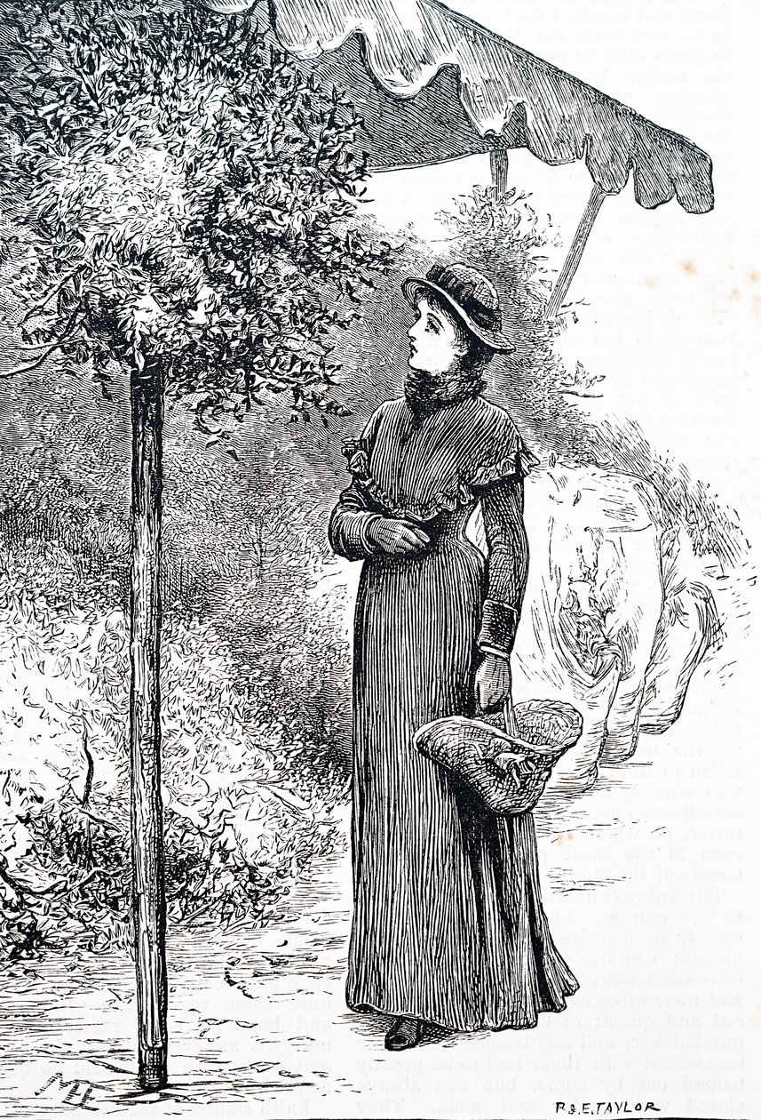クリスマスの飾り付けに使うヒイラギを買う女性。イギリスの画家、メアリー・エレン・エドワーズ（1838-1934）作 作： メアリー・エレン・エドワーズ