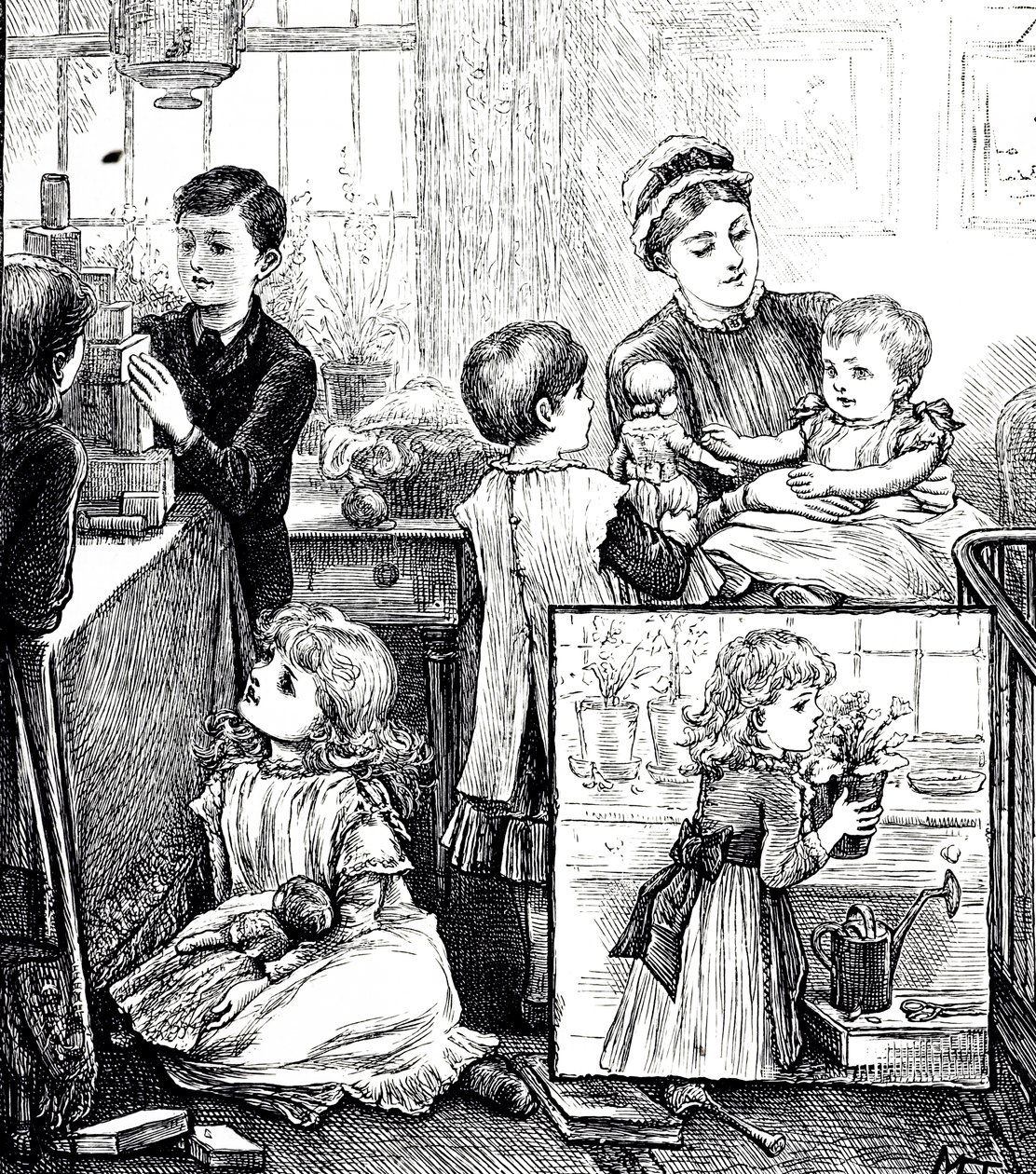 ヴィクトリア朝の裕福な家庭の日常風景を描いたエングレーヴィング。メイン画像では、子供たちが保母に見守られながら、積み木で遊んでいます。挿入図では、小さな女の子が窓辺に鉢植えを置いている。I 作： メアリー・エレン・エドワーズ