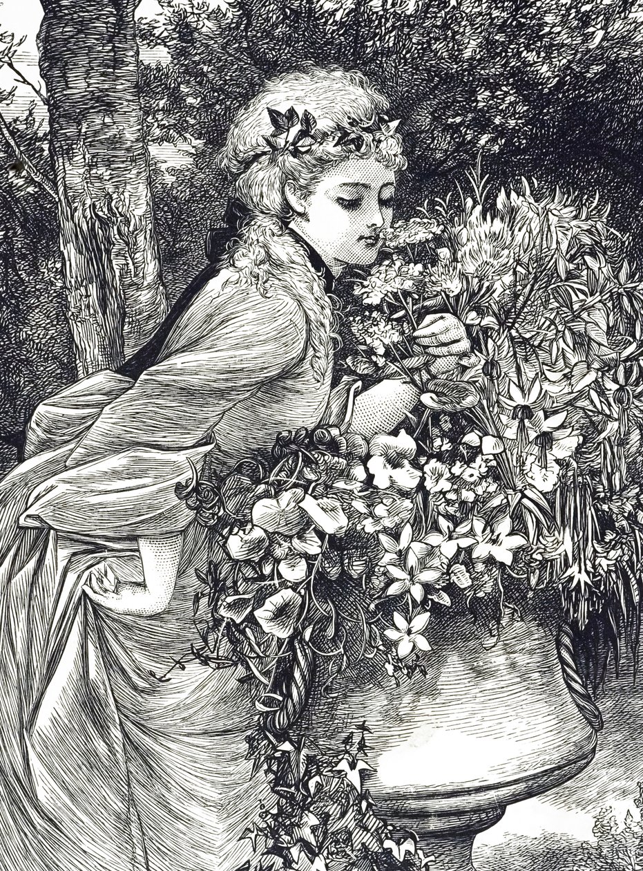 庭の壷に活けられた花の香りを嗅ぐ少女を描いた版画です。絵を描いたのは、イギリスの画家であり、児童書の挿絵画家でもあるメアリー・エレン・エドワーズ（1838-1934）。 作： メアリー・エレン・エドワーズ