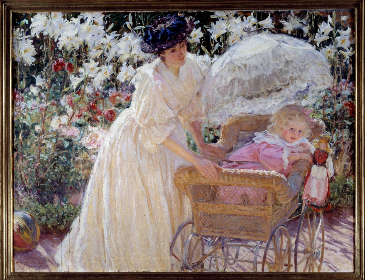 ホセ・ベンリューレ・ヒル、庭に立つ娘マリーア、新品額装付、画集画、状態良好 バラとユリ 花畑でベビーカーに乗った母親と幼い娘。 Mary Mac Monnies