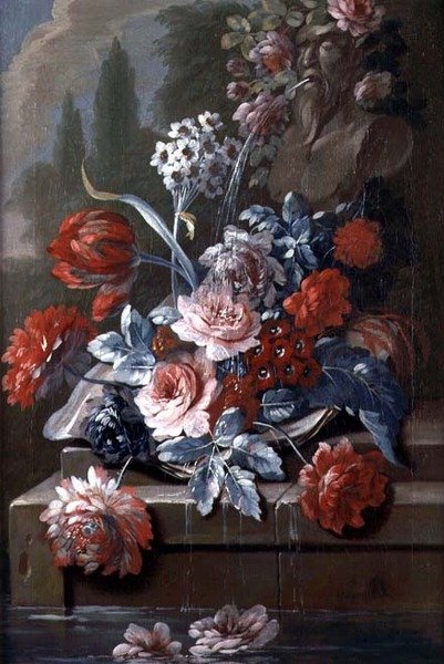 泉のほとりの花の静物」（油彩・キャンバス）（121413のペア） 作： メアリー・モーザー
