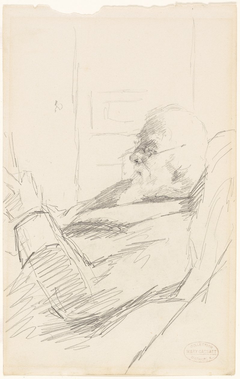 読書する画家の父 1883年頃（黒鉛、象牙織物紙） 作： メアリー・スティーブンソン・カサット