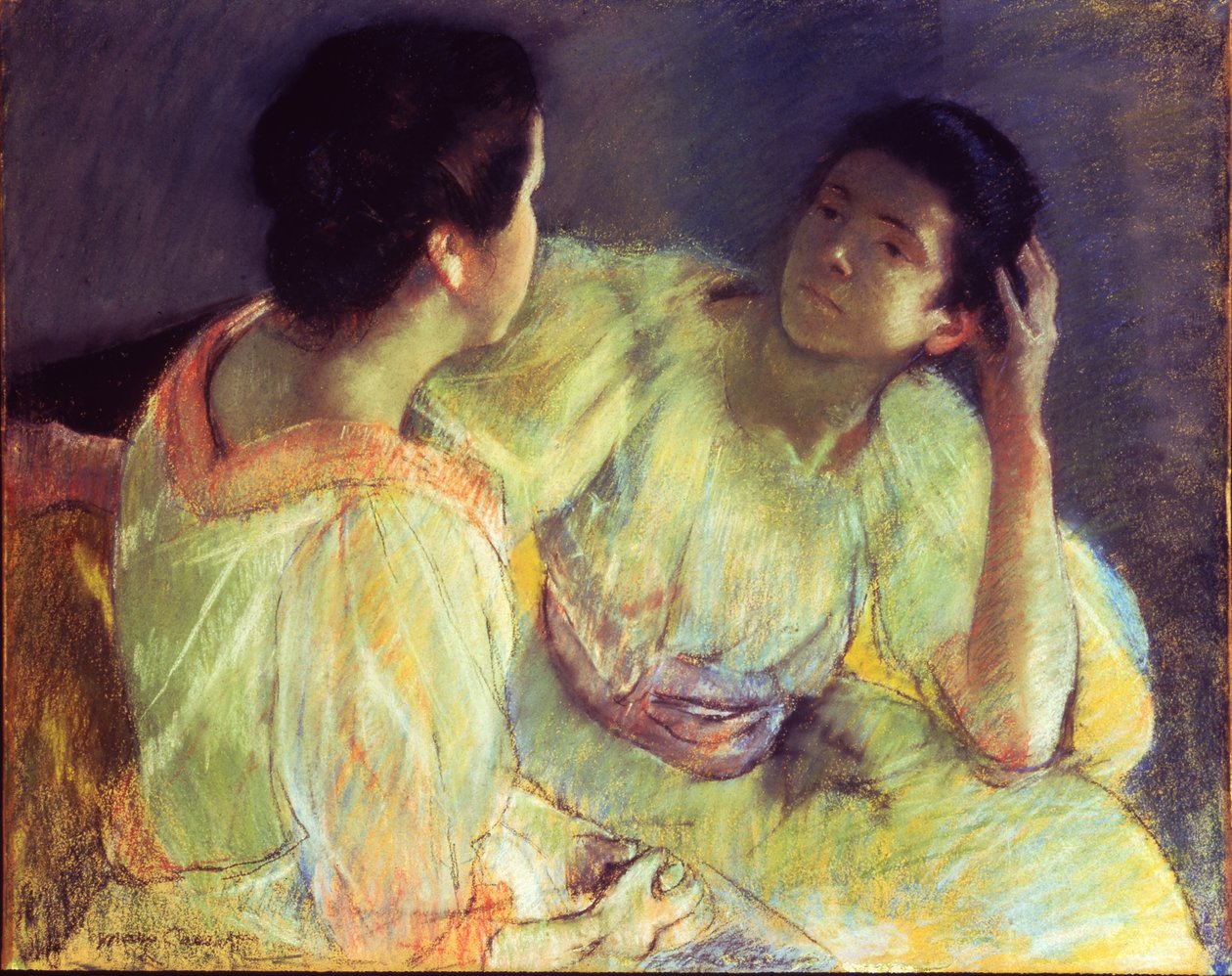 会話、c.1896（キャンバスに置かれた紙にパステル） 作： メアリー・スティーブンソン・カサット