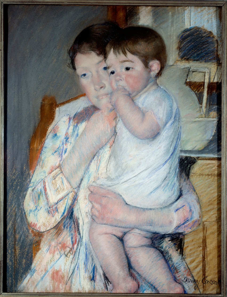 ジャムとボウルが置かれたタブレットの前にいる女性と子供。メアリー・カサット（1844-1926）の絵画 Ec.Am 作： メアリー・スティーブンソン・カサット