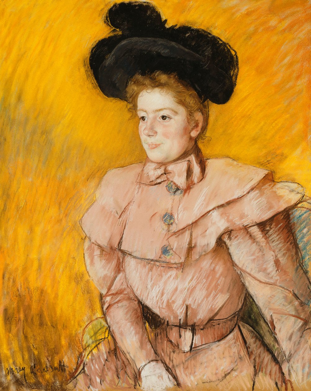 黒い帽子をかぶった女性とラズベリーピンクの衣装、c.1899 作： メアリー・カサット