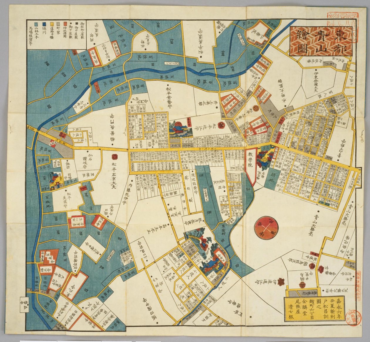 1853江戸地図、現在の青山通り周辺、宮益坂上から 作： 戸松正典