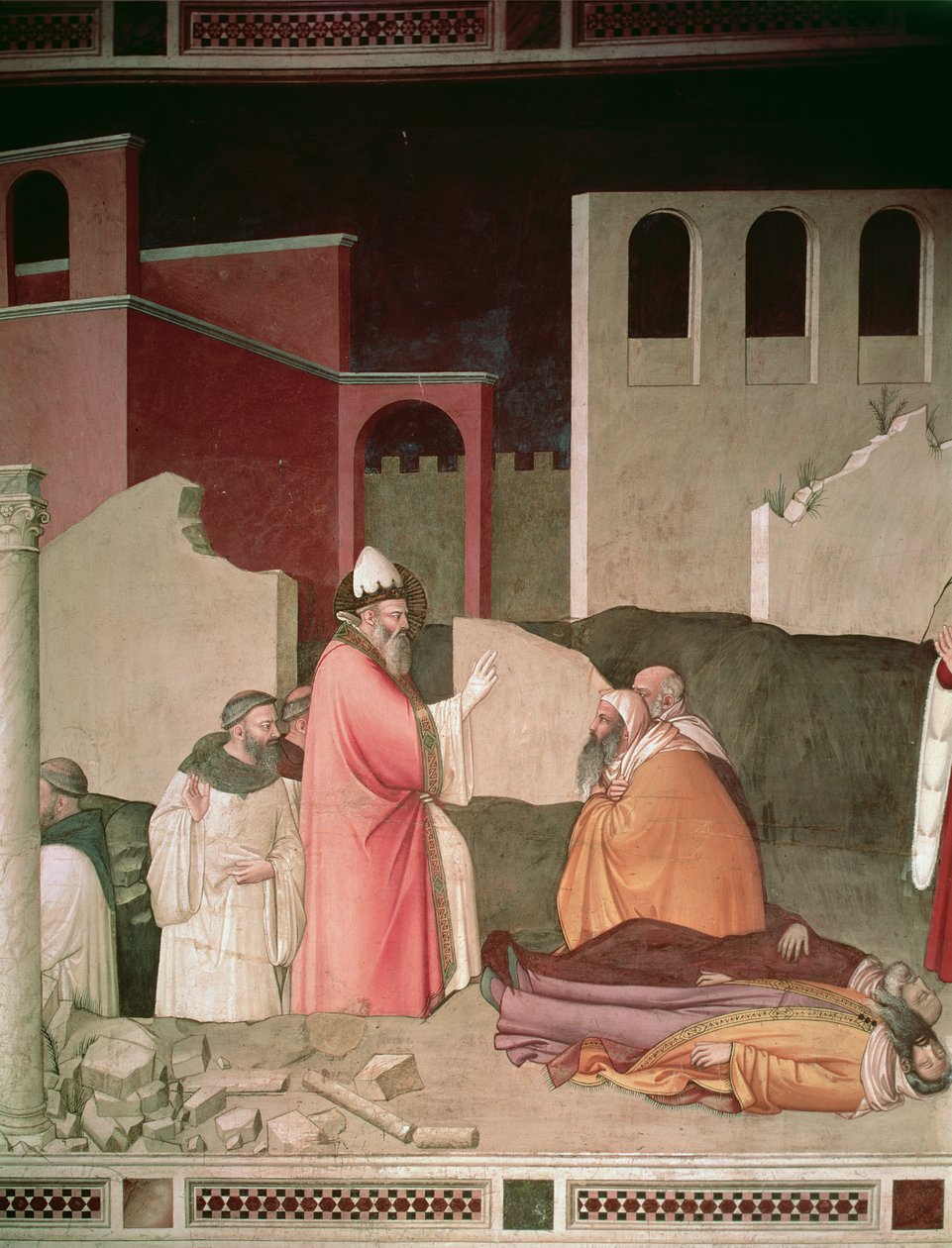 1340年頃、バルディ礼拝堂の詳細である2人の死んだローマ人を蘇らせた聖シルベスター 作： マソ・ディ・バンコ