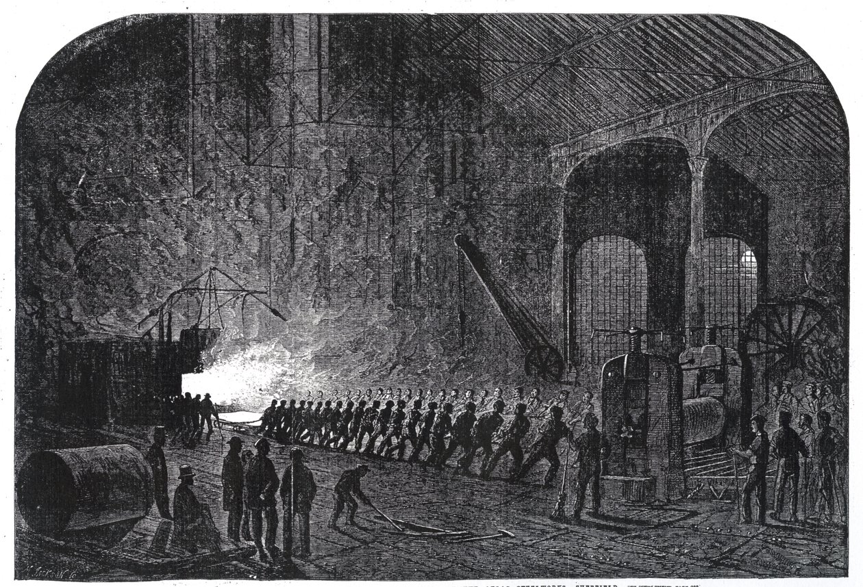 1861年9月14日、「The Illustrated London News」からのイラスト、シェフィールドのアラス製鉄所での陛下の船の装甲板のローリングプロセス 作： メイソン・ジャクソン