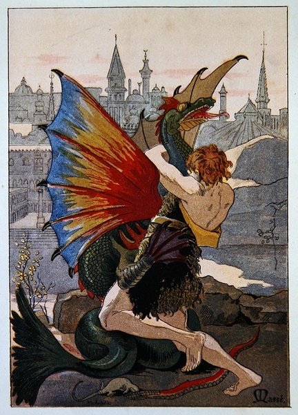 ドラゴンと格闘するジャン＝ルイーズ、1900年頃（カラーリトグラフ） 作： 質量質量