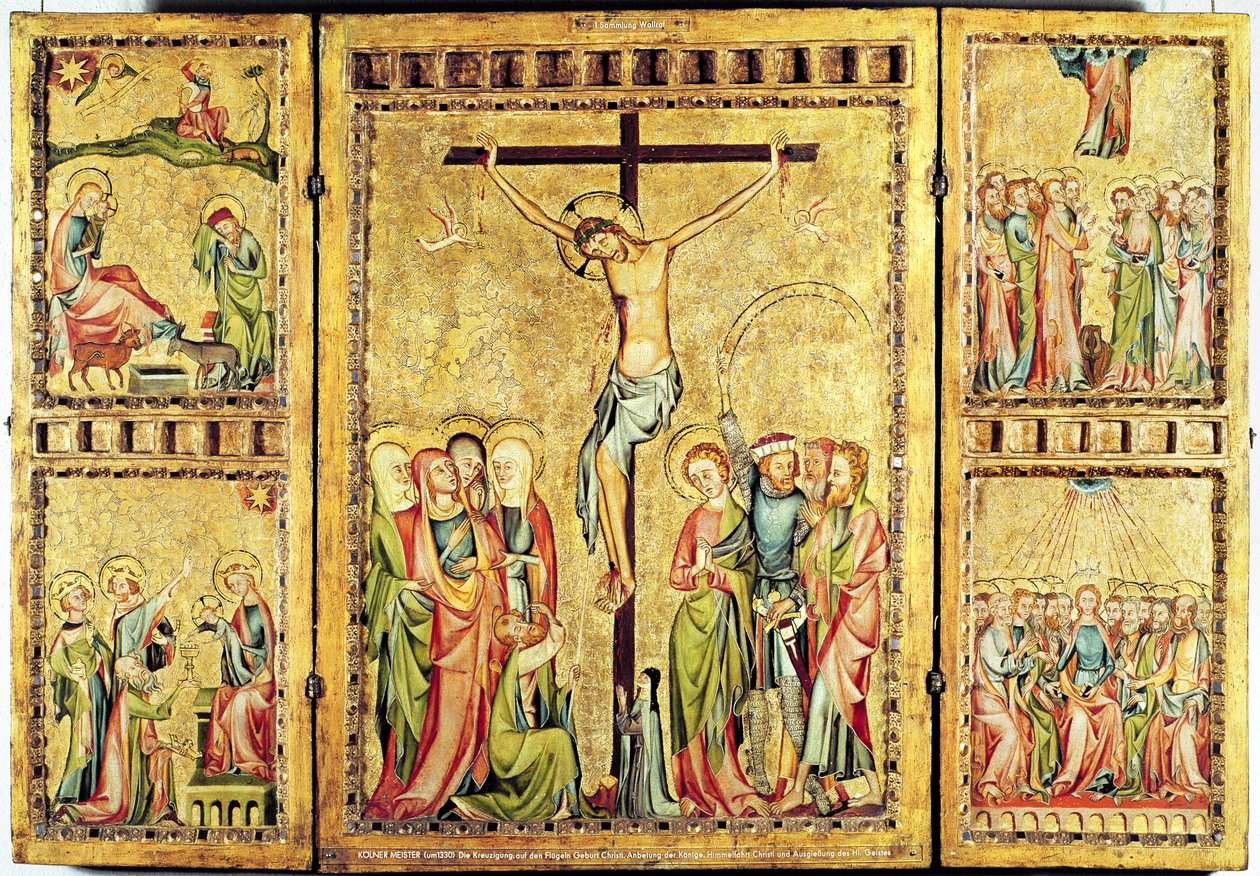 中央パネルのはりつけと側面パネルのキリストの生涯の場面の祭壇画、c.1330（パネル） 作： ケルンのマスター