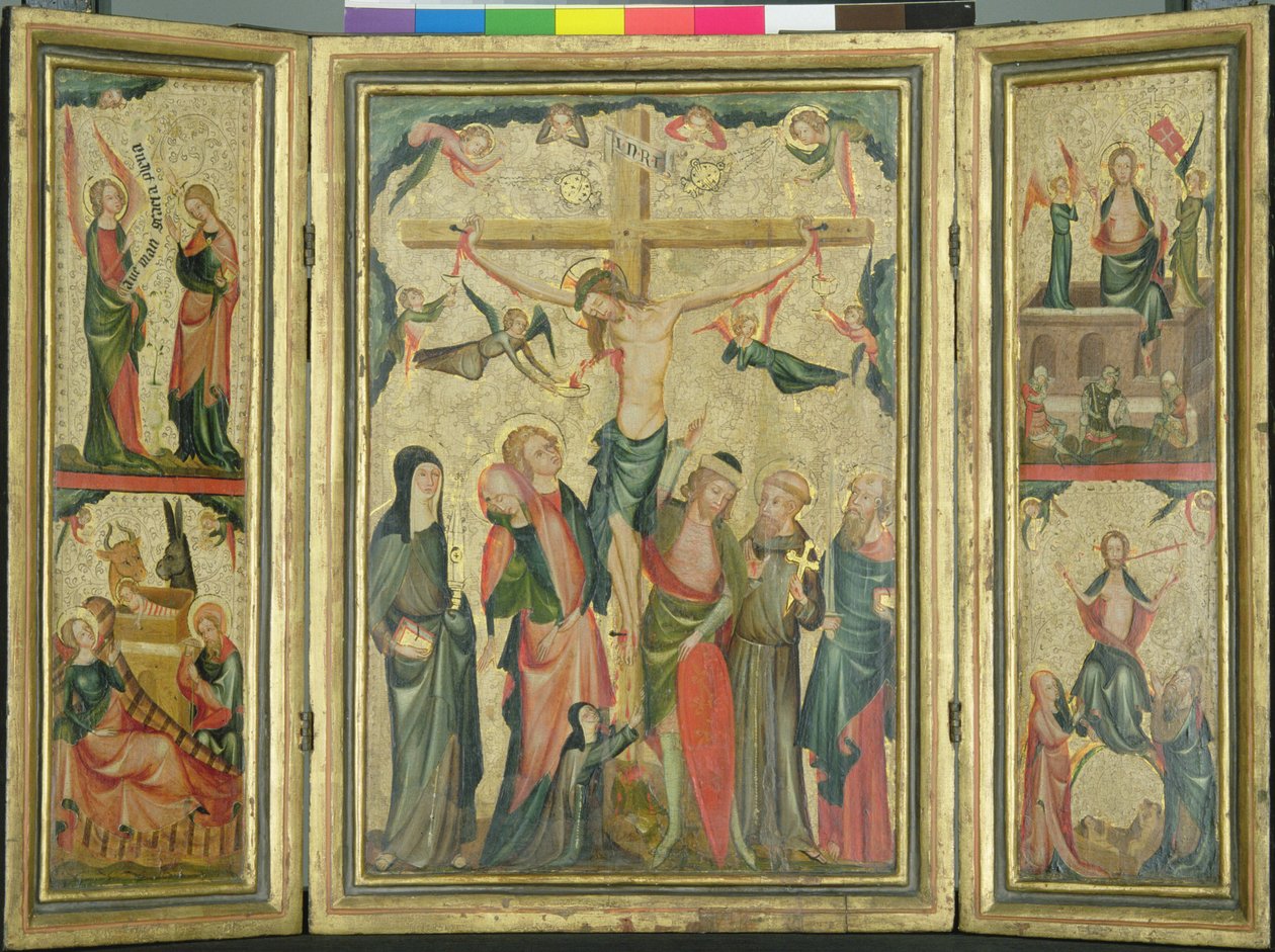 キリストのはりつけを描いた三連祭壇画、1350年頃（パネル上のテンペラと金箔）（150814も参照） 作： ケルンのマスター